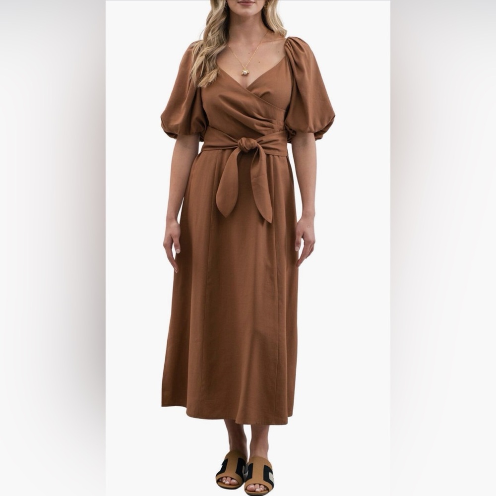 Zoe‎ & Claire Elegant Brown Puff Sleeve Midi Dress